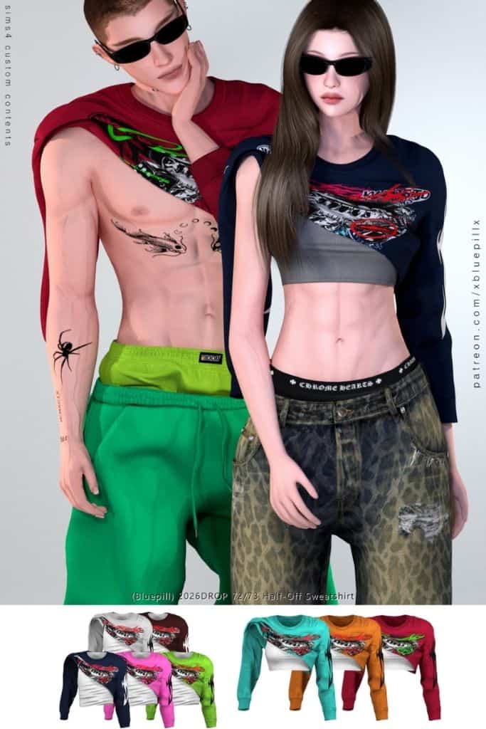 male and female Sims wearing half-off sweatshirts