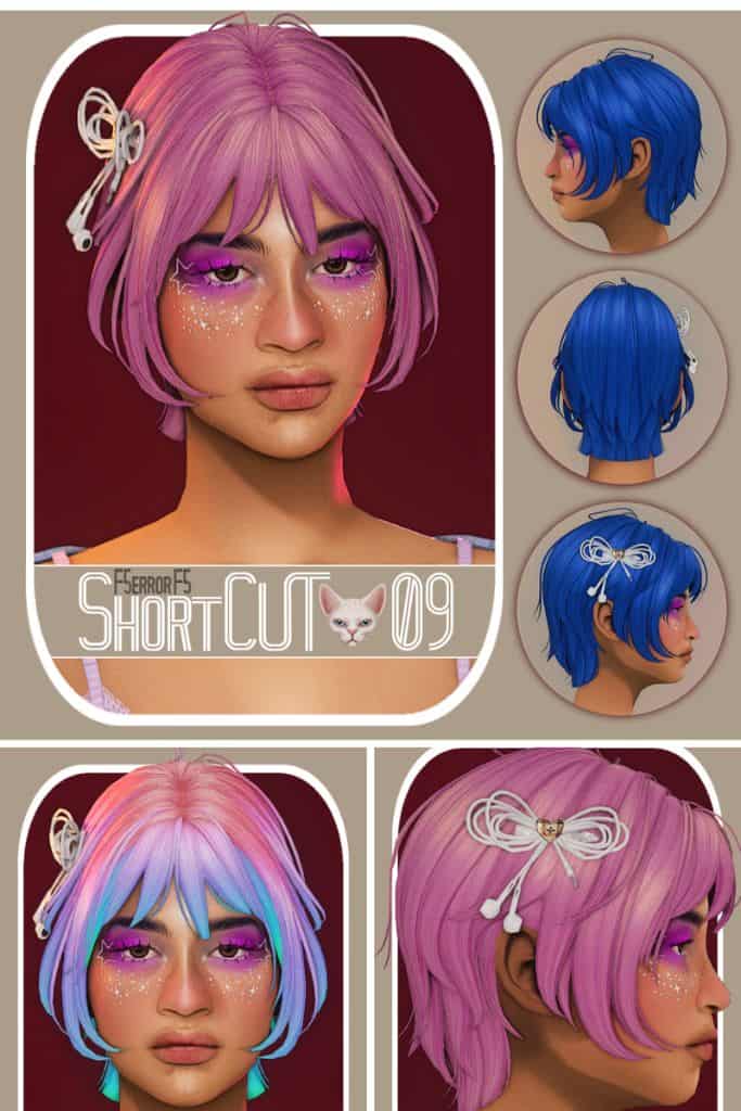 female Sim with a short, layered hairstyle and white hair accessory