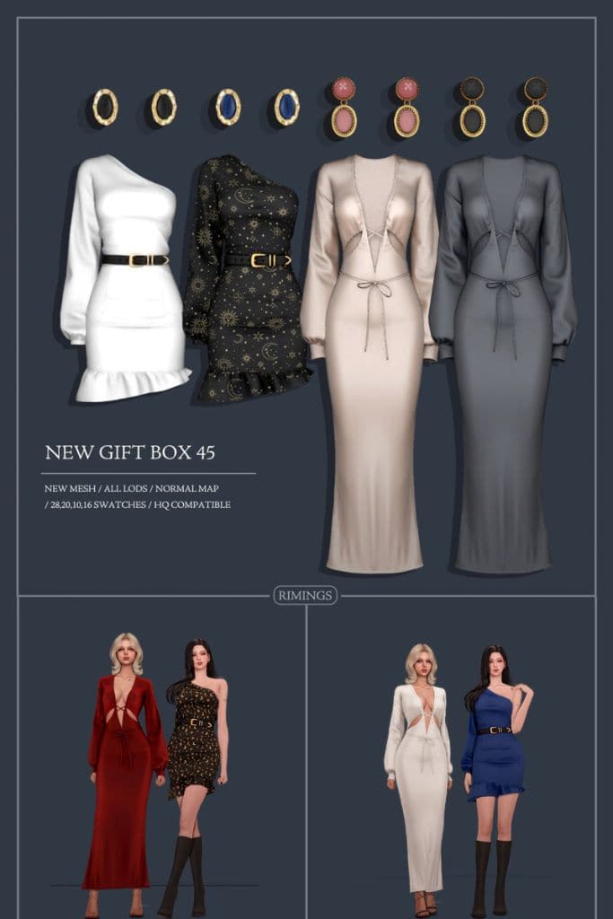 female Sims wearing modern dresses with oval earrings