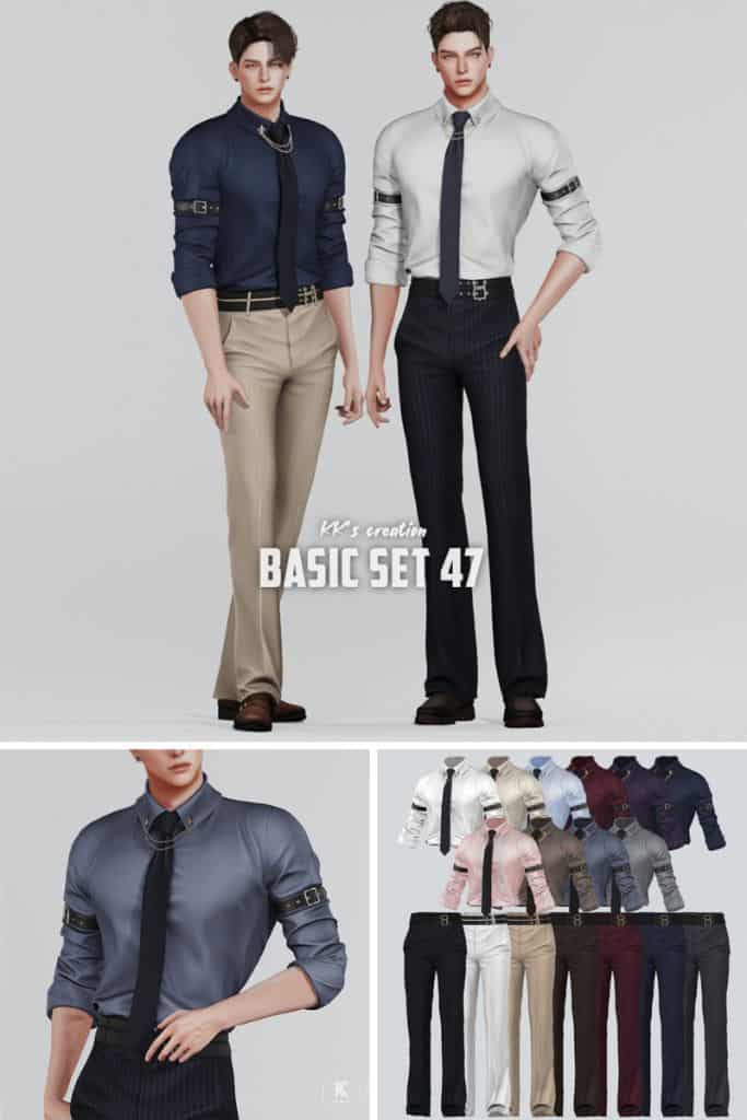 male Sims wearing rolled up shirts with a tie and fitted belted pants