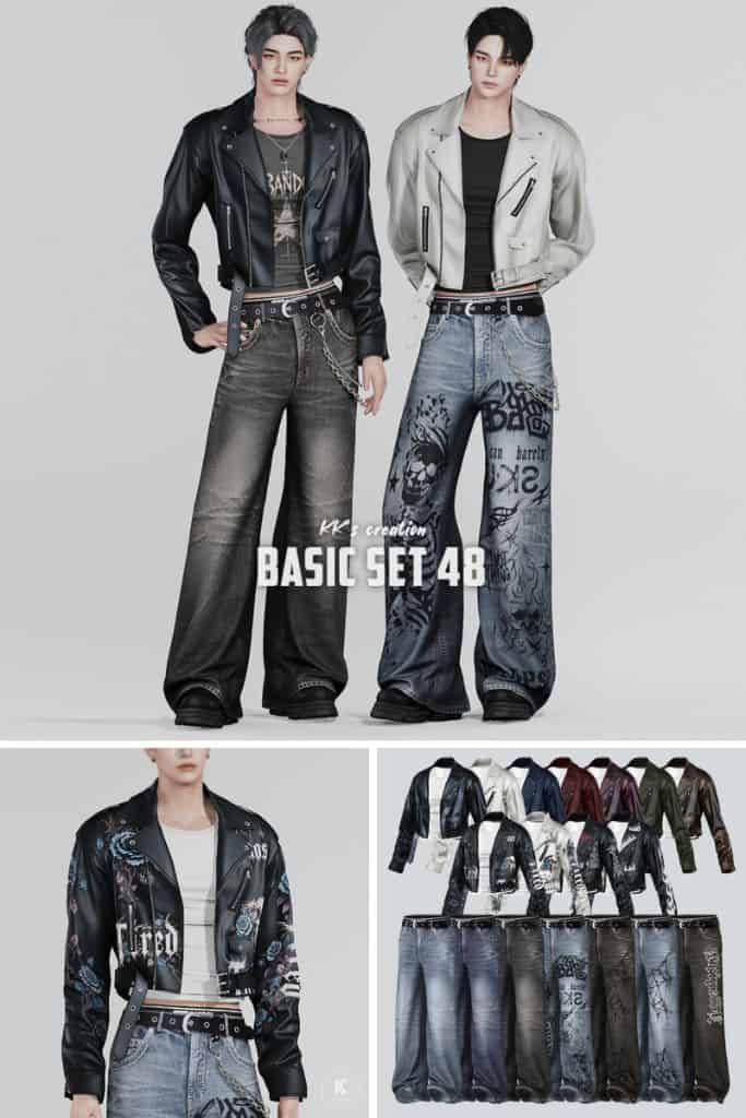 male Sims wearing leather jackets, T-shirts and belted jeans