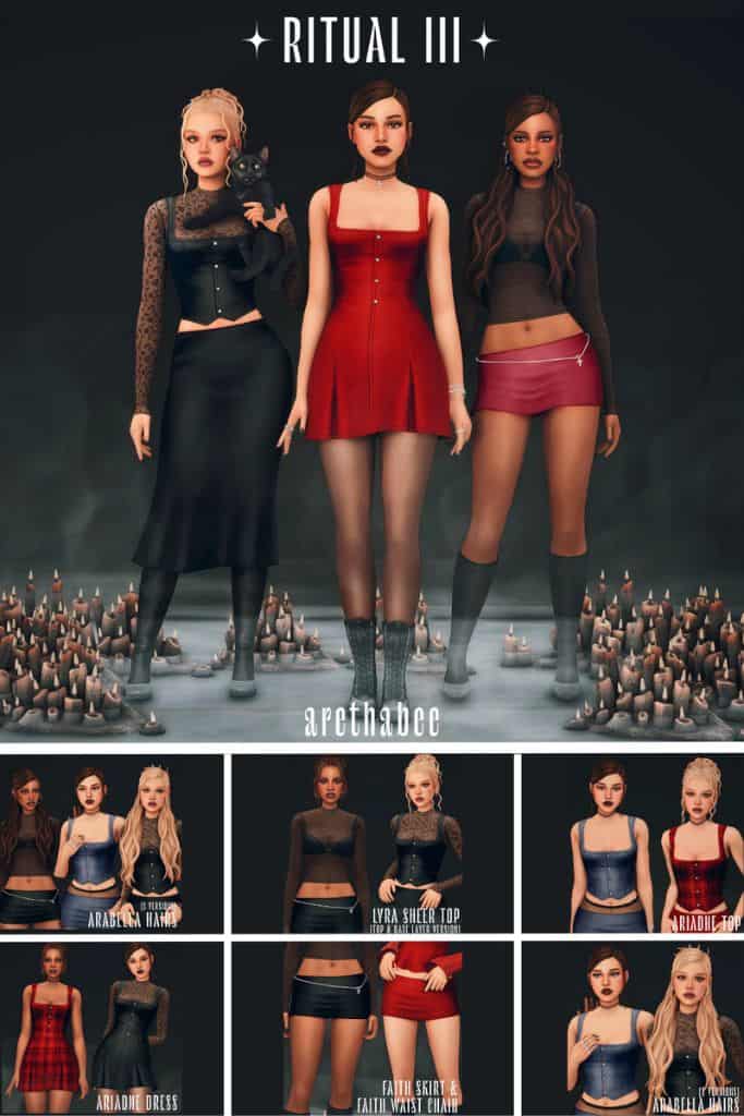 three female Sims dressed in Campus Wicca group-inspired looks