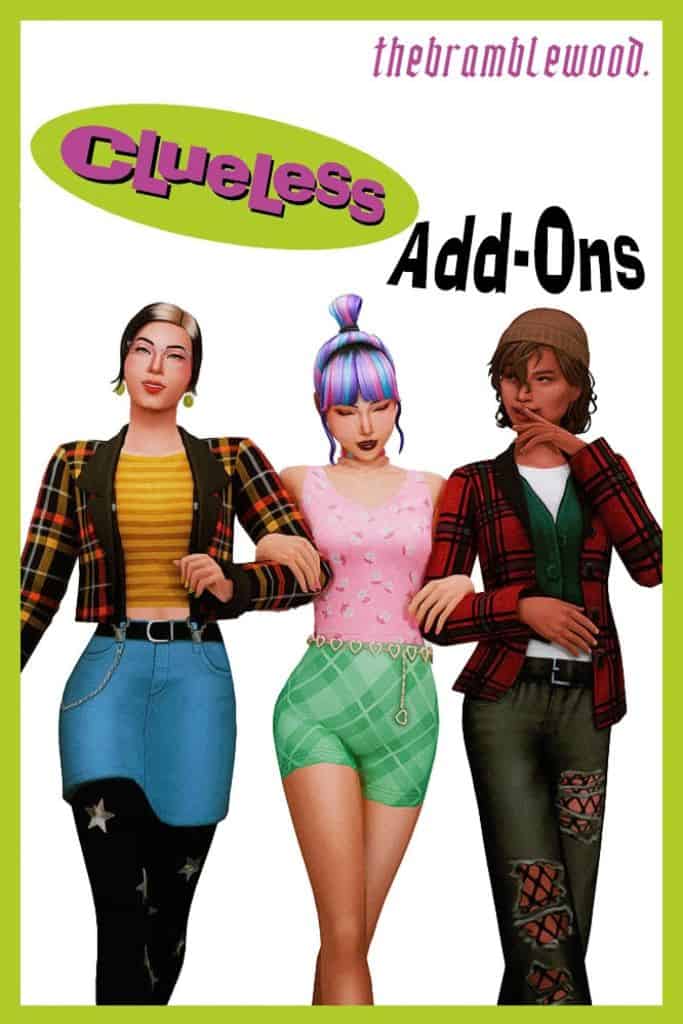 three female Sims dressed in Clueless-inspired pieces