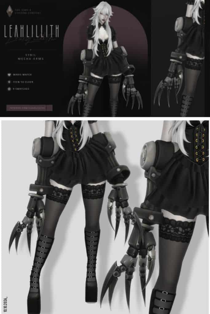 female Sim with mecha claw arms