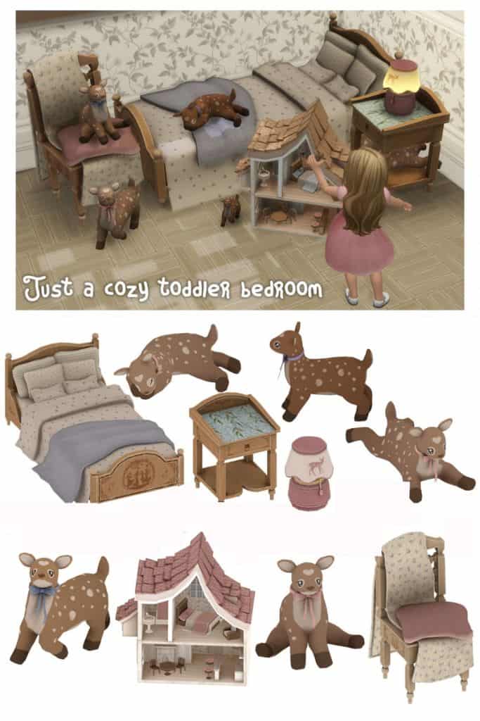 a toddler room setup and items shown in a collage