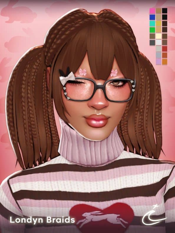 female Sim with two pigtails with braids within and chunky bangs