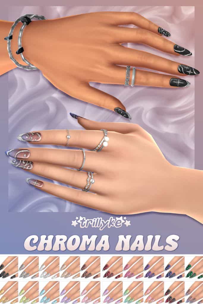 close up of stiletto nails with chrome designs