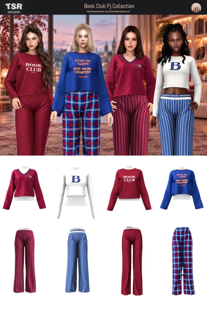 four female Sims wearing book club-themed pajamas