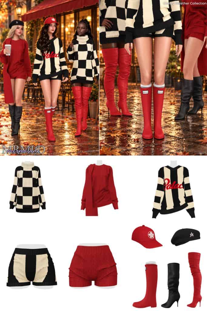 three female Sims wearing black, white and red themed outfits