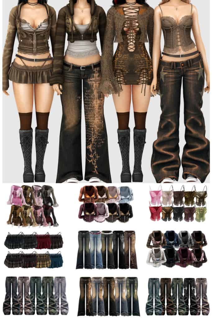 female Sims wearing edgy streetwear clothing pieces