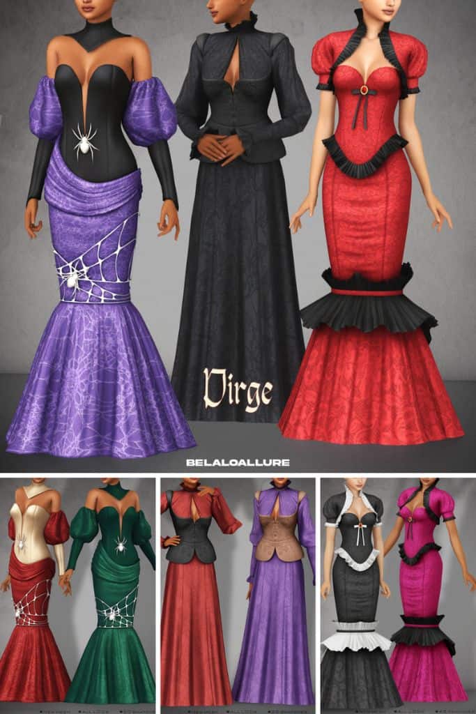 female Sims wearing Victorian goth dresses