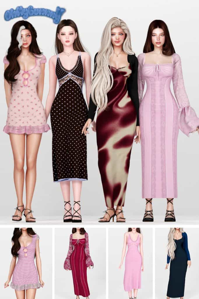 four female Sims wearing pink floral mini dress, a lace-trimmed midi dress, an abstract-print maxi dress with cardigan, and a pink long dress with sheer bell sleeves