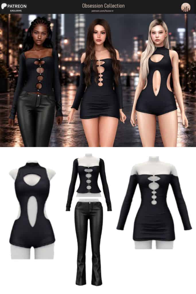 three female Sims wearing edgy black outfits