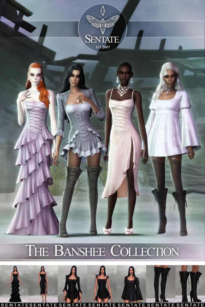four female Sims wearing flowy Victorian-inspired outfits