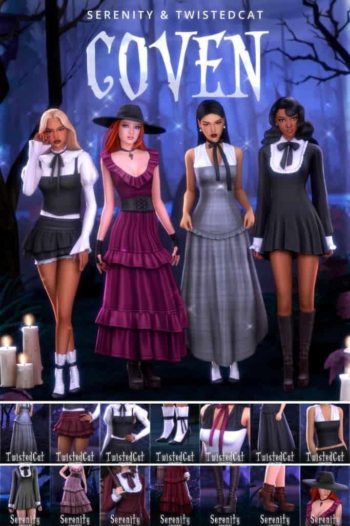 four female Sims dressed in witchy-gothic outfits