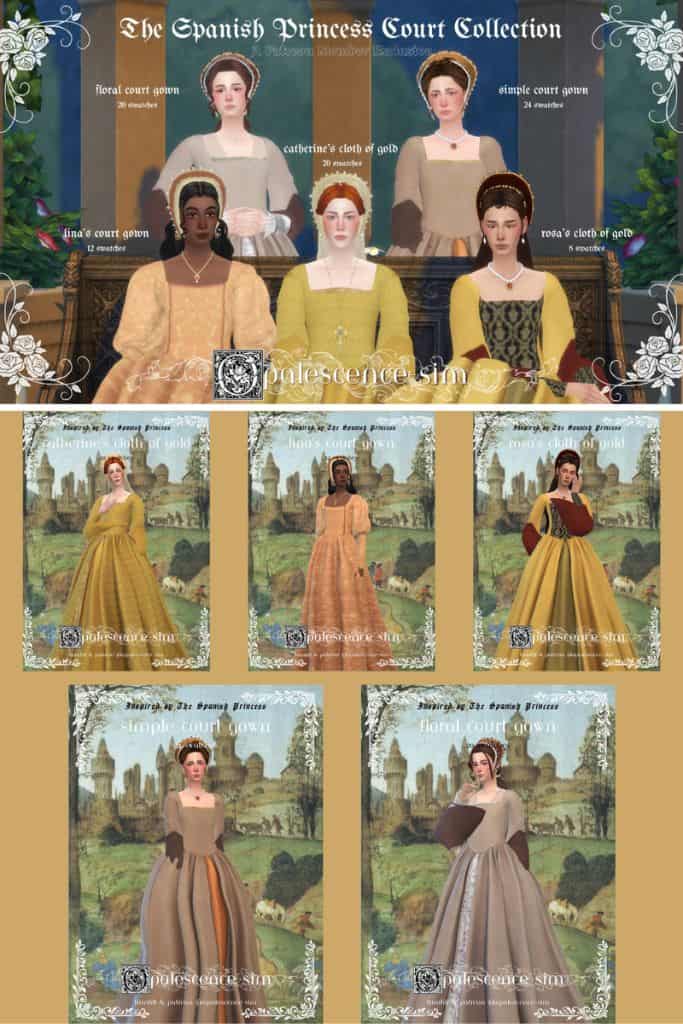 five female Sims wearing gowns inspired by the Spanish royal court