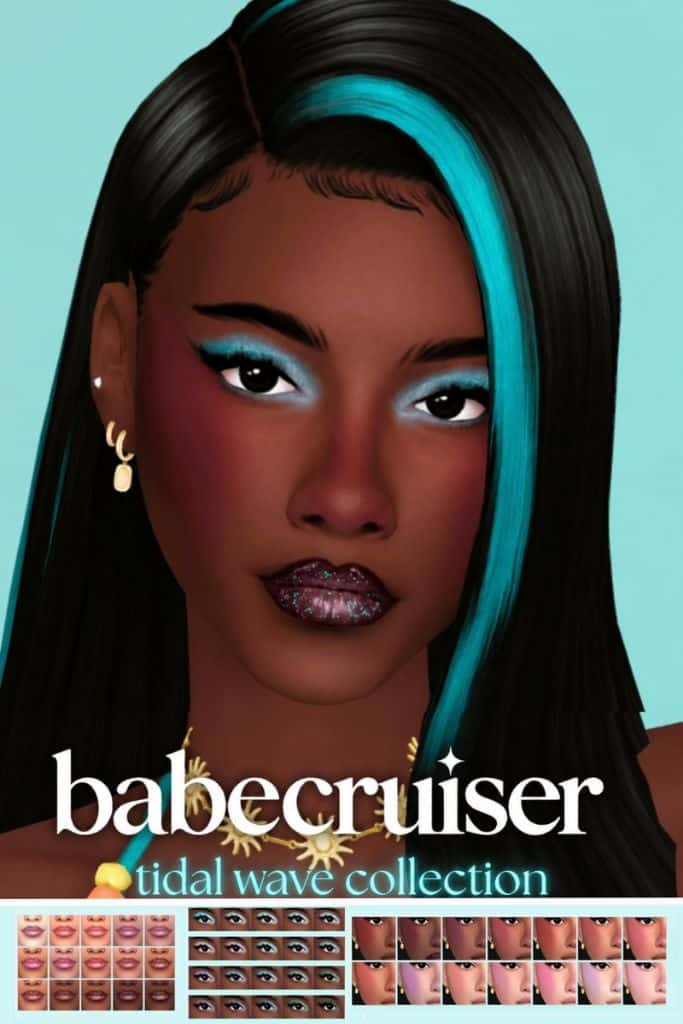 black female Sim wearing bright blue eyeshadow, some eyeliner, blush and sparkly lip gloss