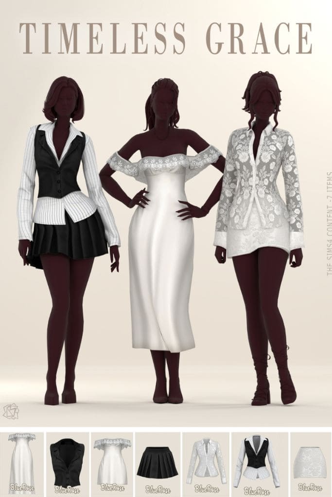 three female Sims wearing classy two-piece outfits and a midi dress with lace details