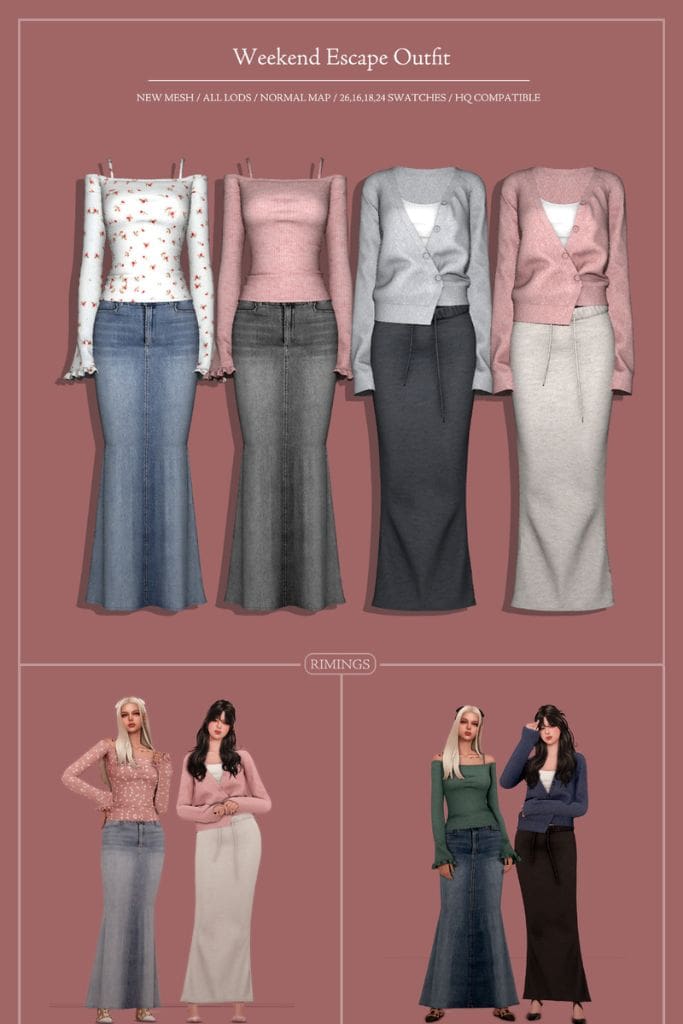 female Sims wearing long sleeve tops and maxi skirts