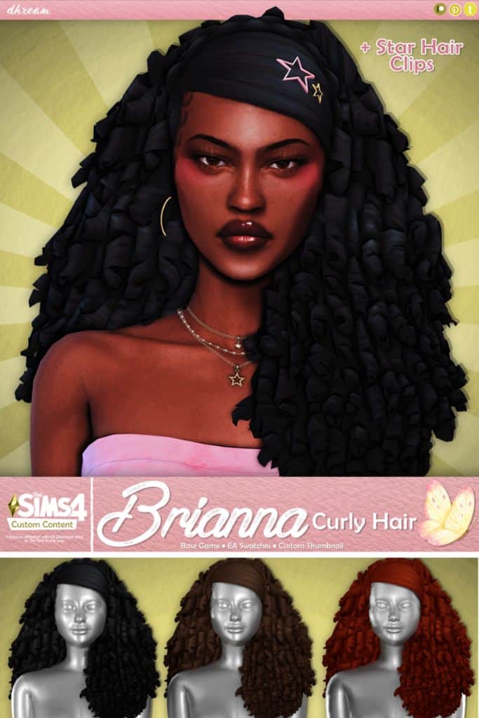 black female Sim with thick curly hair and star hair clips