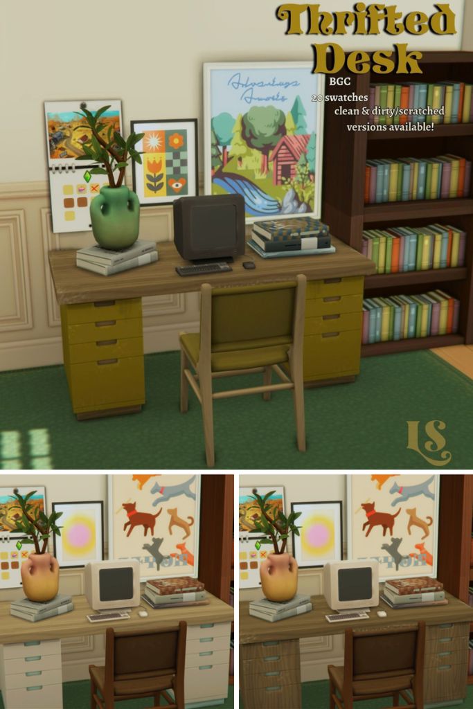 thrifted desks shown in different swatches and condition of wear