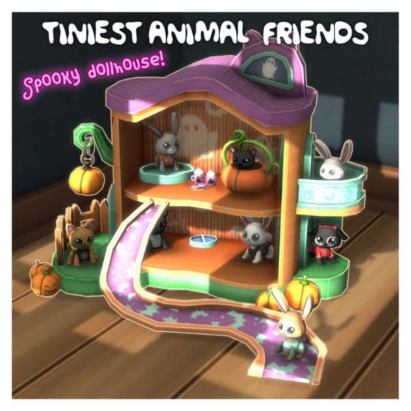 a spooky dollhouse with tiny animal friends