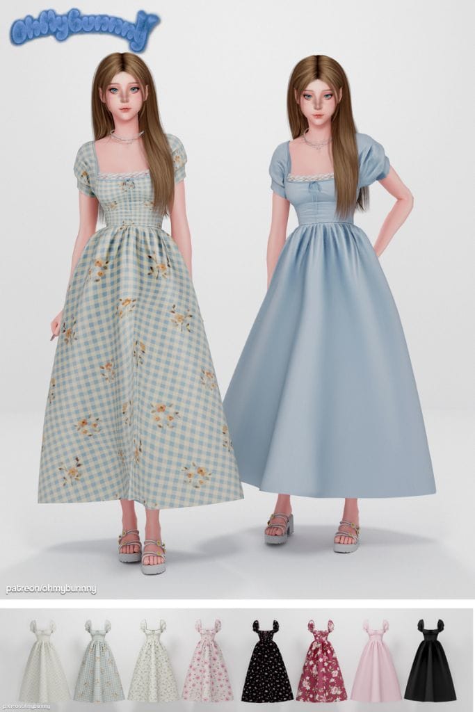 two female Sims wearing cottagecore-style maxi dresses with short puff sleeves