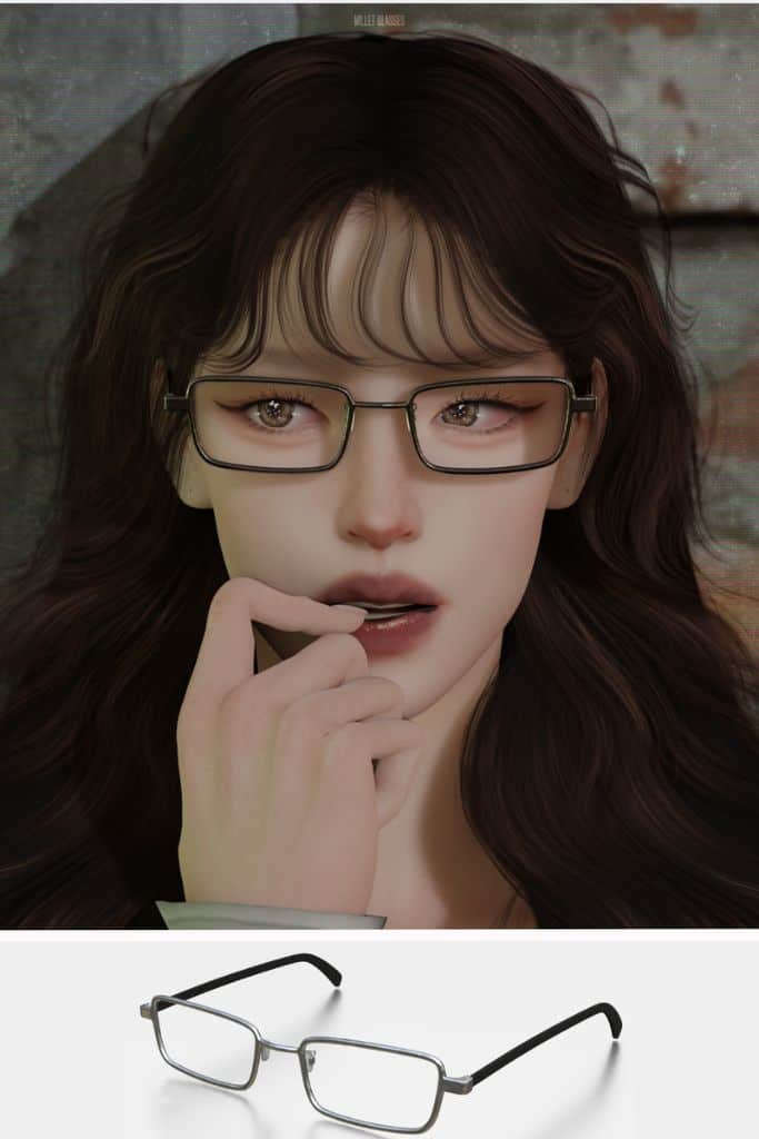 female Sim wearing rectangular glasses with charcoal frames