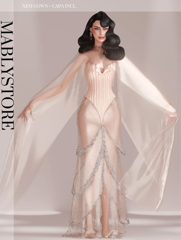 female Sim wearing a champagne color gown with a corset top and layered skirt with a flowing cape