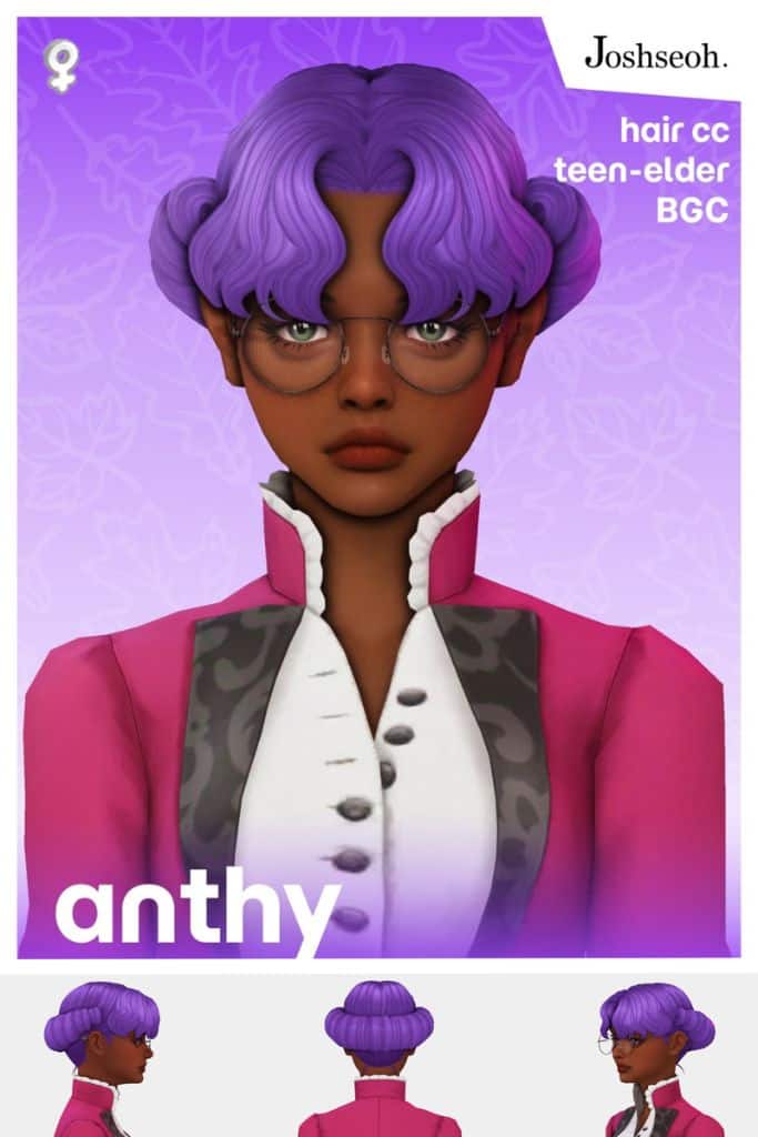 female Sim with a purple, rolled updo hairstyle and bangs