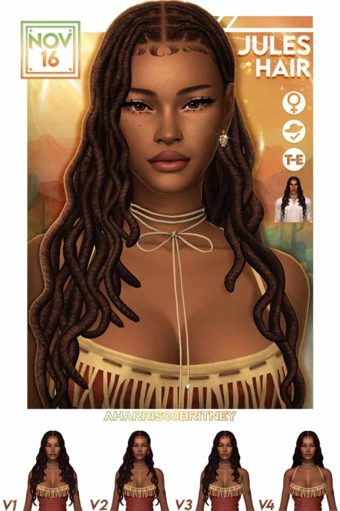 black female Sim with long dreadlocks and baby hairs along the hairline