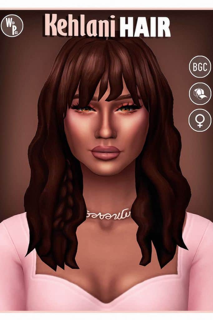 female Sim with a medium-length, layered wavy hairstyle with bangs