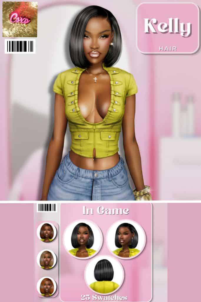 black female Sim with a chic, straight bob with a deep side part