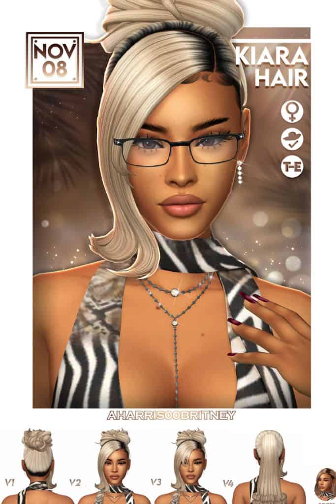 blond female Sim with an updo hairstyle and dark roots