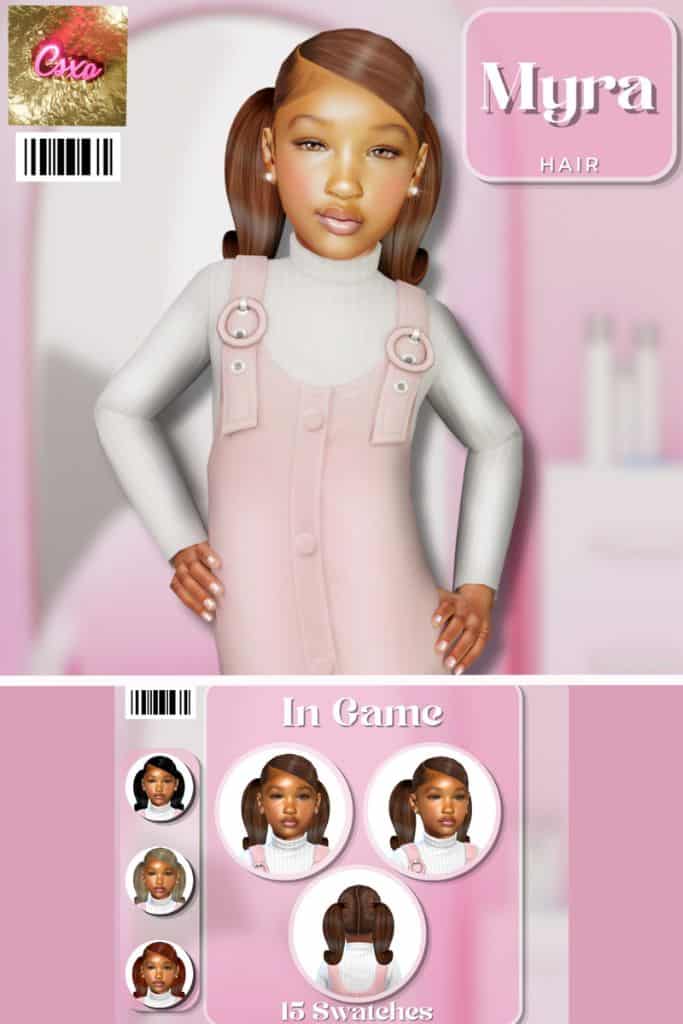 black female child Sim with sleek pigtails with curled ends