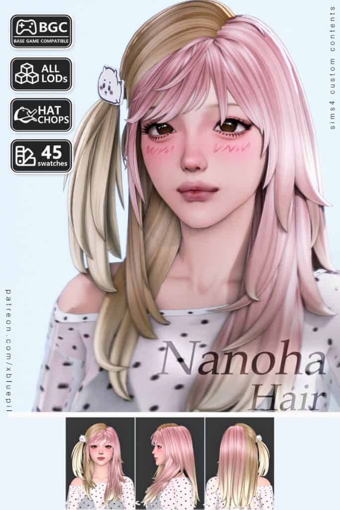 Female Sim with a layered pink-and-blonde hairstyle with bangs, a high side ponytail, and a cute character hair clip