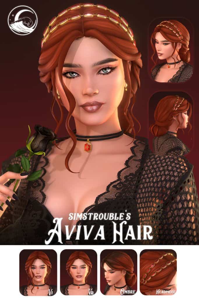 female Sim with a low updo hairstyle with a gold headpiece