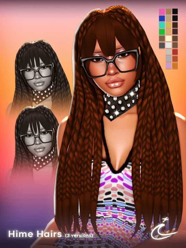 black female Sim with a long braided hairstyle and straight bangs