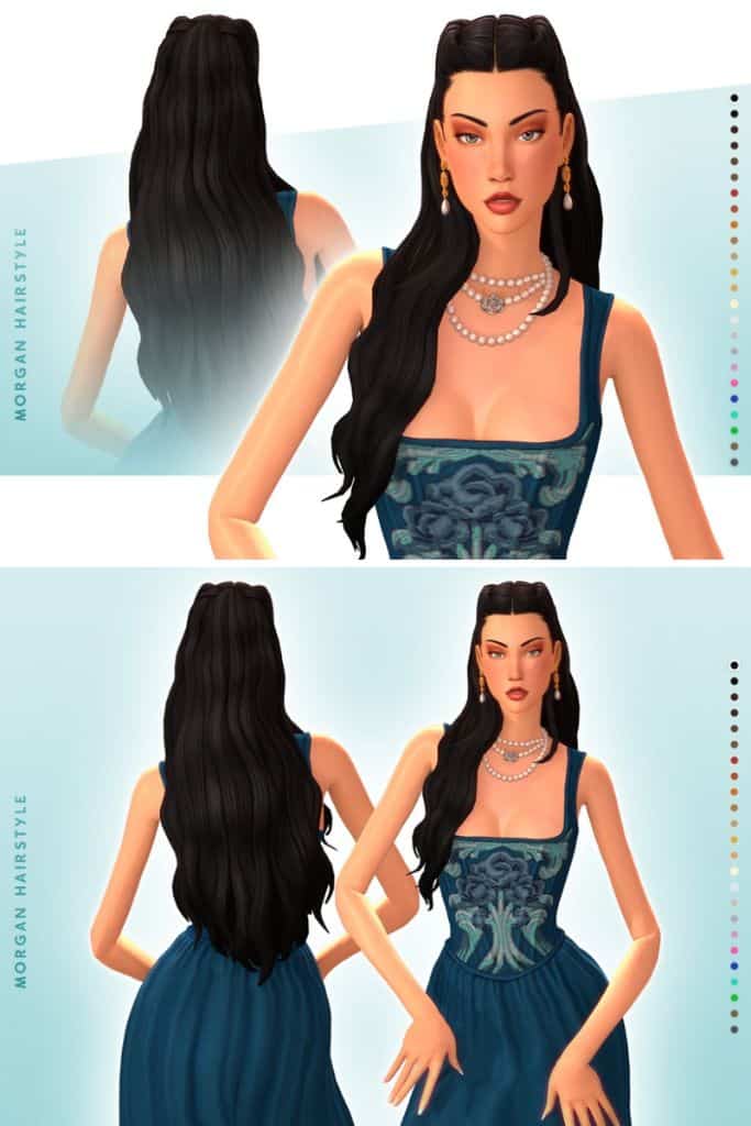 female Sim with a long wavy half up half down hairstyle with twisted sides at the crown