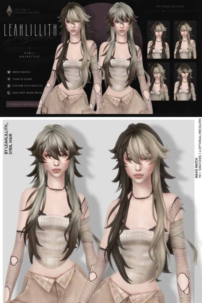 female Sims with long, ultra-layered hairstyles with bangs in two-tone colors