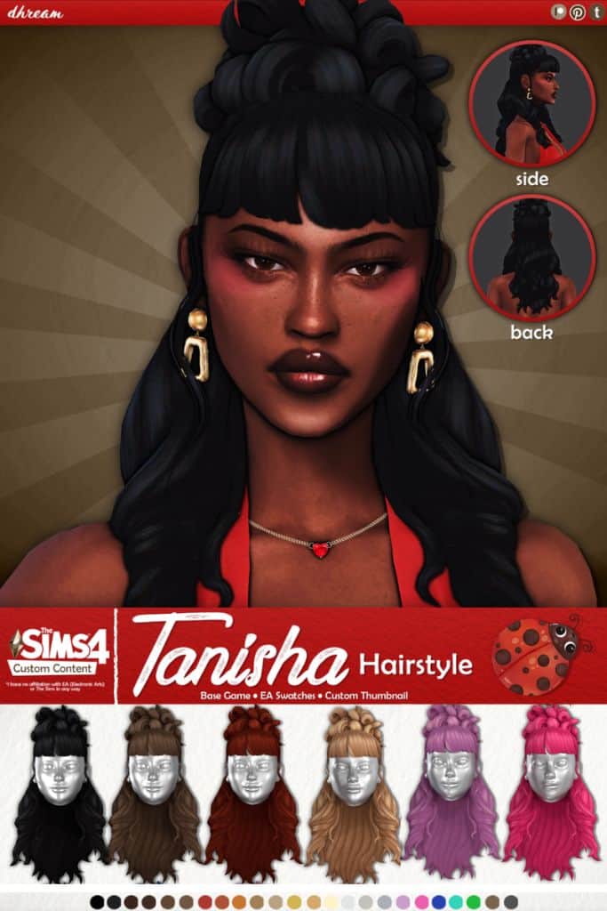 black female Sim with a partial updo hairstyle and bangs