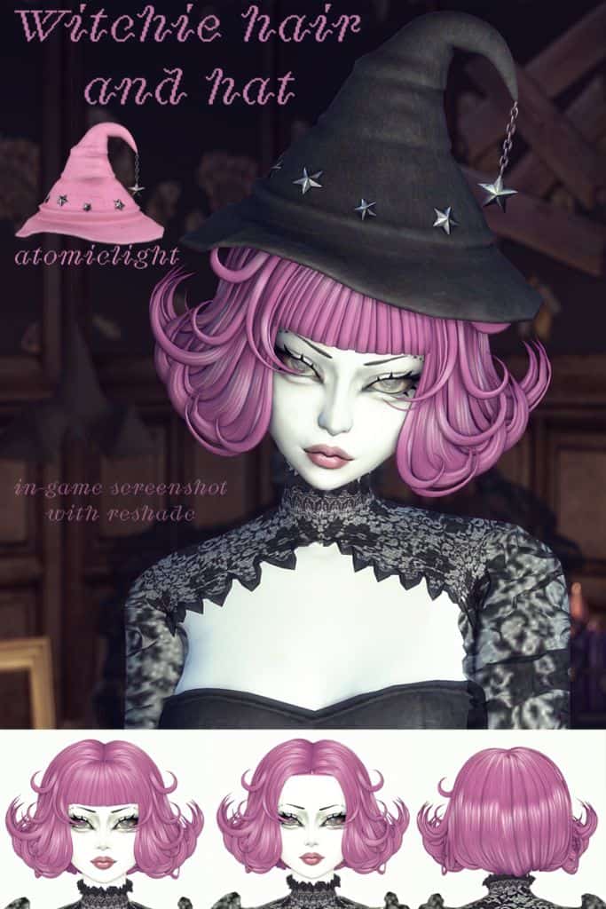 female Sim with a lilac bob hairstyle and black Witch's hat