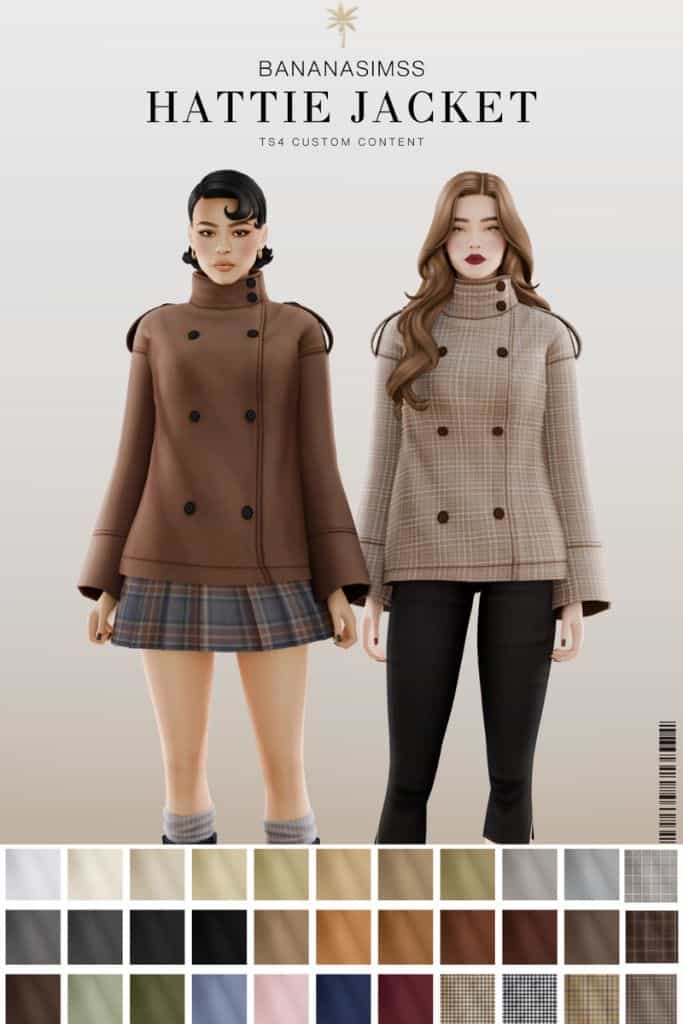 two female Sims wearing double-breasted fall jackets
