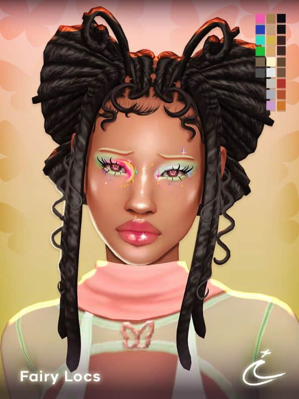 Female Sim with two large high loc buns, long face-framing locs, curled tendrils, and two looped antenna-like strands above the forehead.