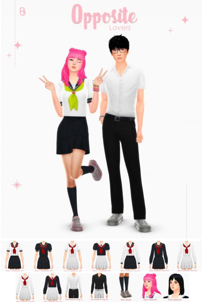 male and female Sims dressed in school uniforms