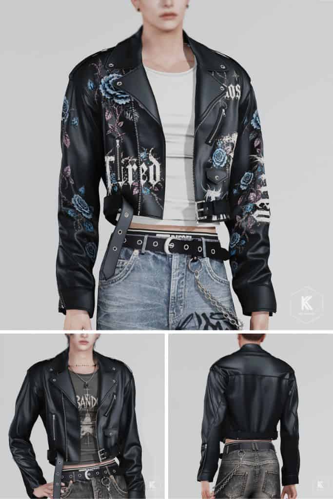 male Sims wearing black biker leather jackets, one with florals and graphics