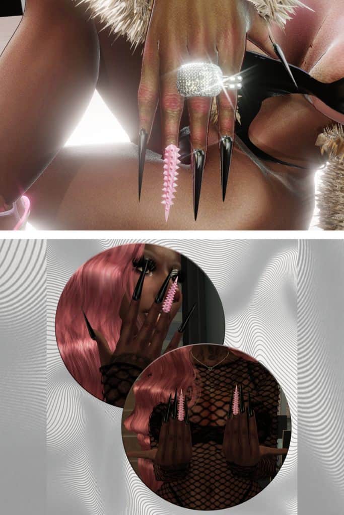female Sim wearing XL nails decorated with spikes