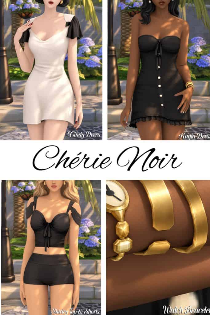 collage of black and white themed female clothing pieces and gold accessories