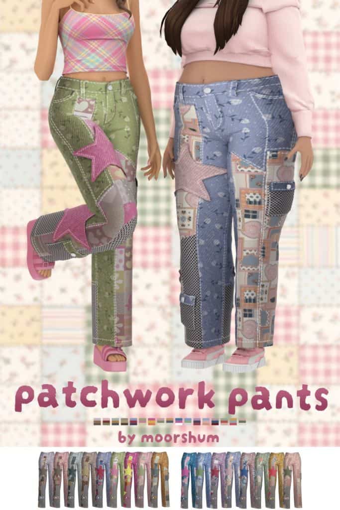 two female Sims wearing playful patchwork pants