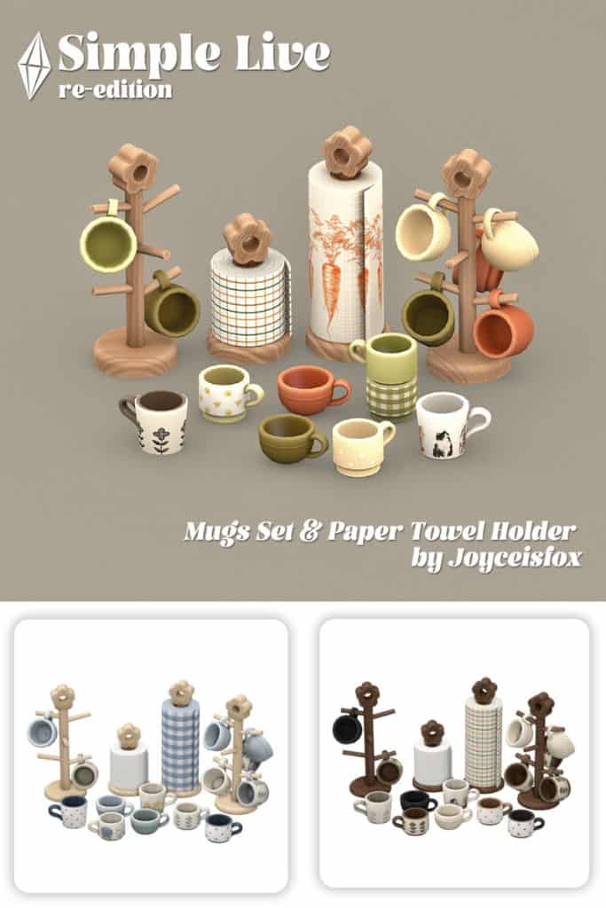collection of mugs and paper towel holders shown in different swatches